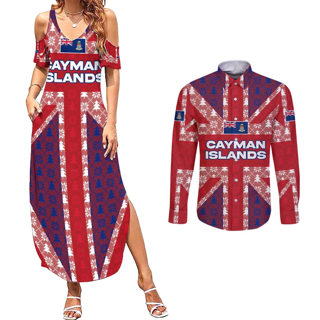 Cayman Islands Christmas Couples Matching Summer Maxi Dress and Long Sleeve Button Shirt Xmas Pattern and Coat of Arms - Wonder Print Shop