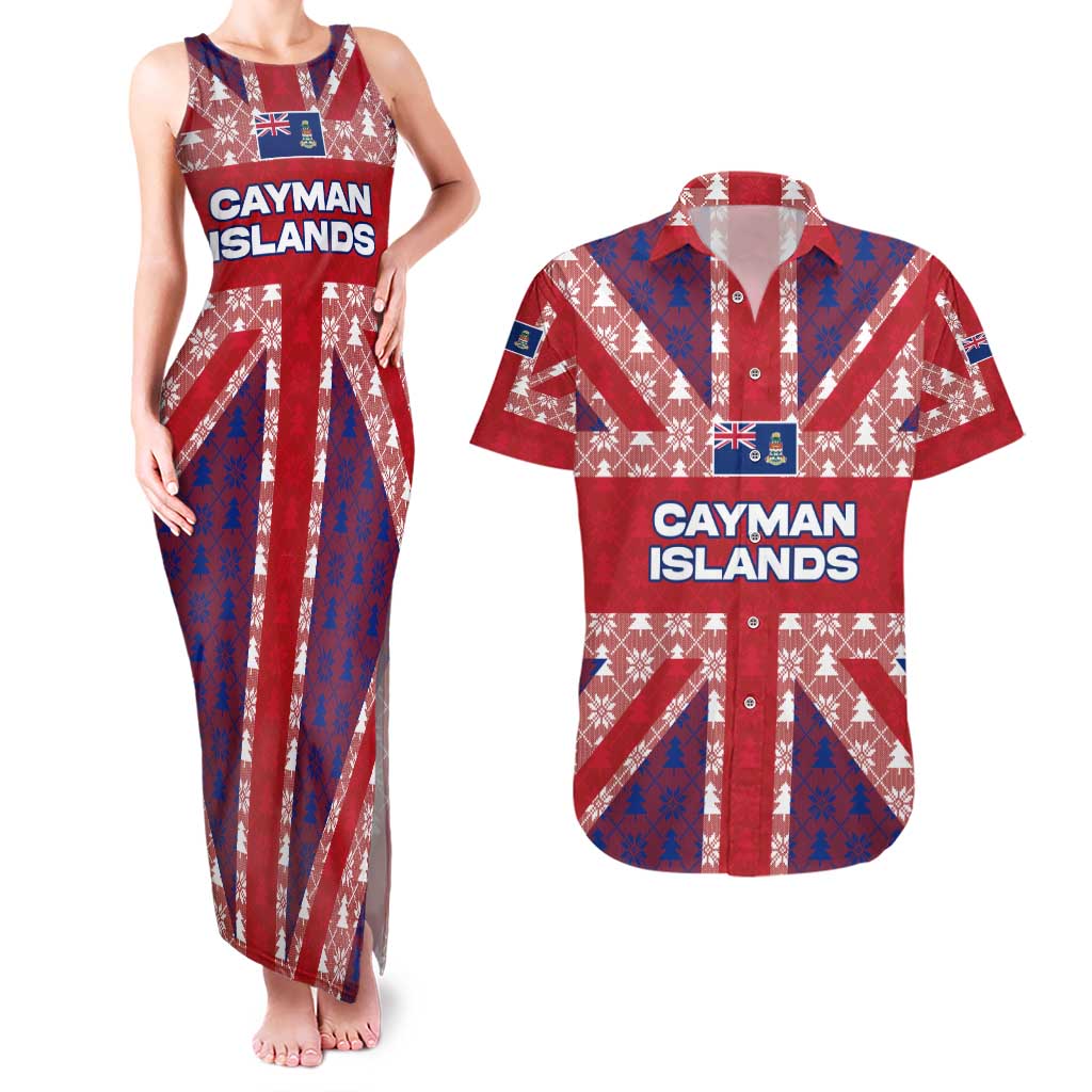 Cayman Islands Christmas Couples Matching Tank Maxi Dress and Hawaiian Shirt Xmas Pattern and Coat of Arms - Wonder Print Shop