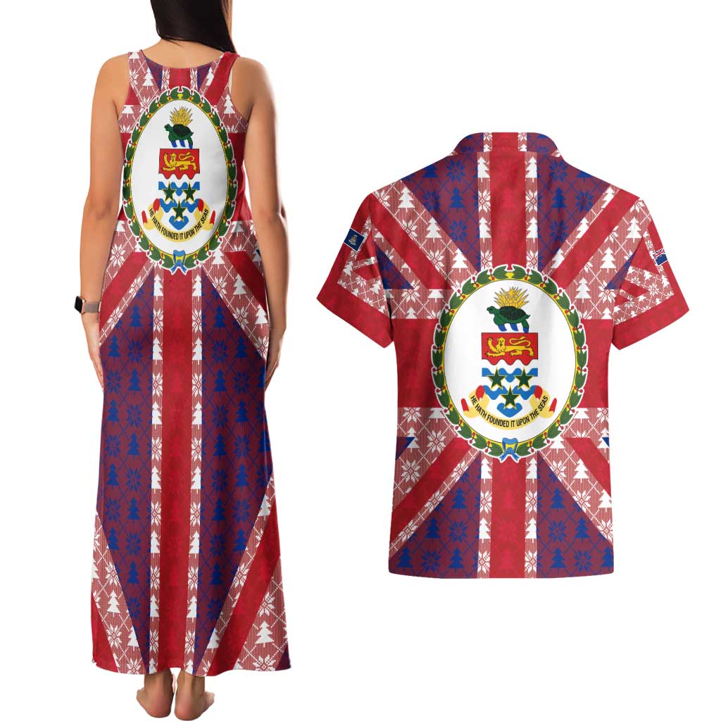 Cayman Islands Christmas Couples Matching Tank Maxi Dress and Hawaiian Shirt Xmas Pattern and Coat of Arms - Wonder Print Shop