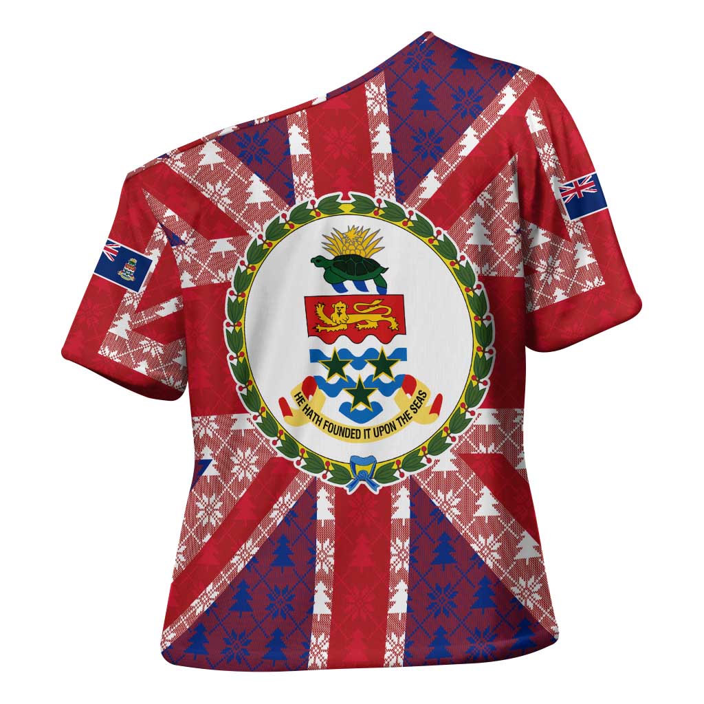 Cayman Islands Christmas Cross Shoulder Shirt Xmas Pattern and Coat of Arms - Wonder Print Shop