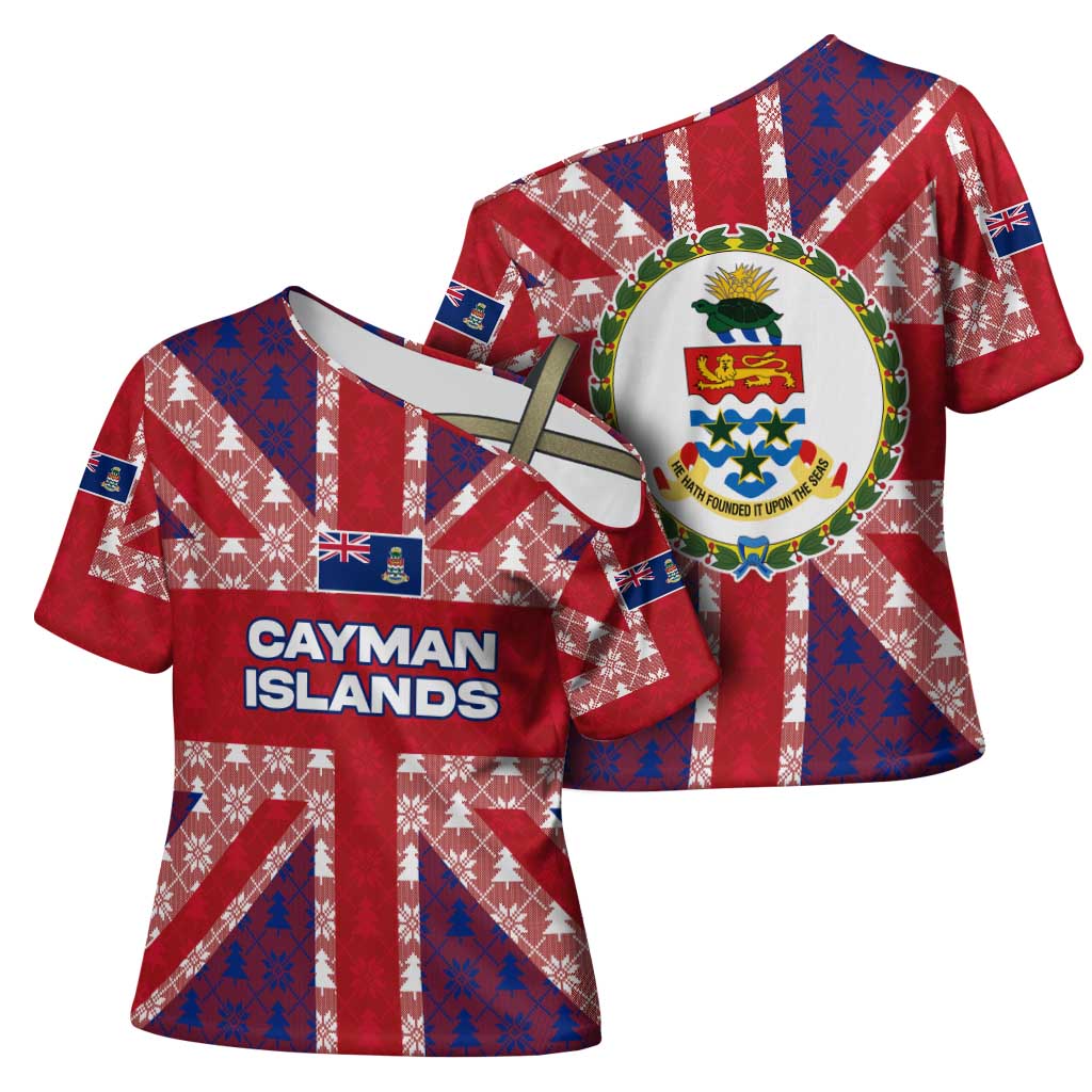 Cayman Islands Christmas Cross Shoulder Shirt Xmas Pattern and Coat of Arms - Wonder Print Shop