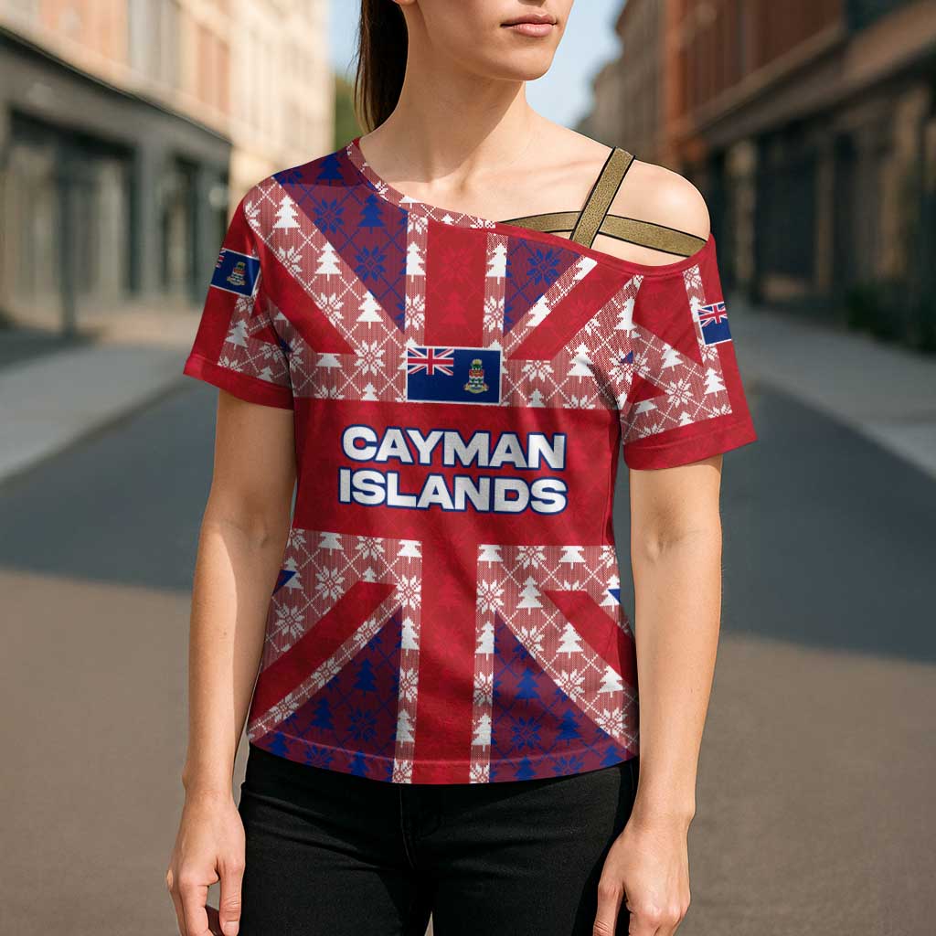 Cayman Islands Christmas Cross Shoulder Shirt Xmas Pattern and Coat of Arms - Wonder Print Shop