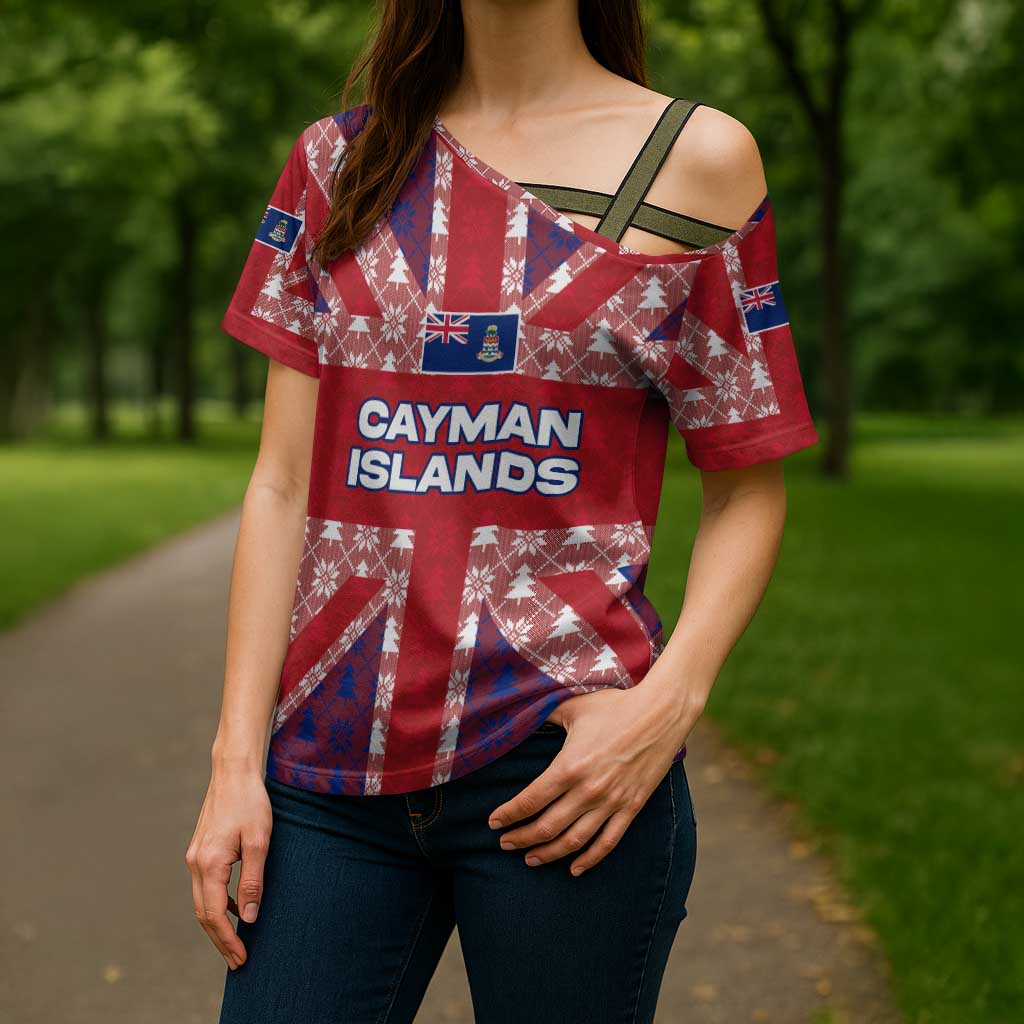 Cayman Islands Christmas Cross Shoulder Shirt Xmas Pattern and Coat of Arms - Wonder Print Shop