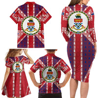 Cayman Islands Christmas Family Matching Long Sleeve Bodycon Dress and Hawaiian Shirt Xmas Pattern and Coat of Arms - Wonder Print Shop