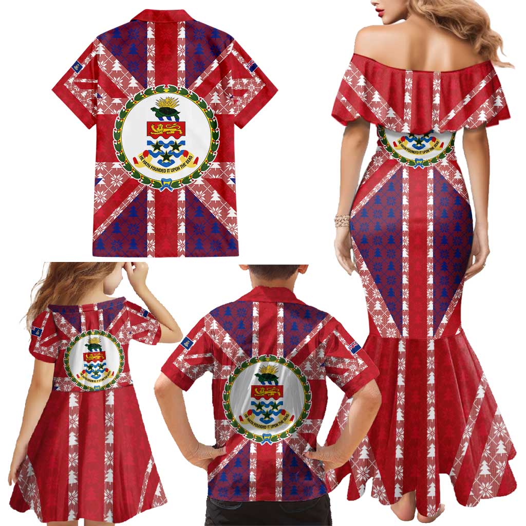 Cayman Islands Christmas Family Matching Mermaid Dress and Hawaiian Shirt Xmas Pattern and Coat of Arms - Wonder Print Shop