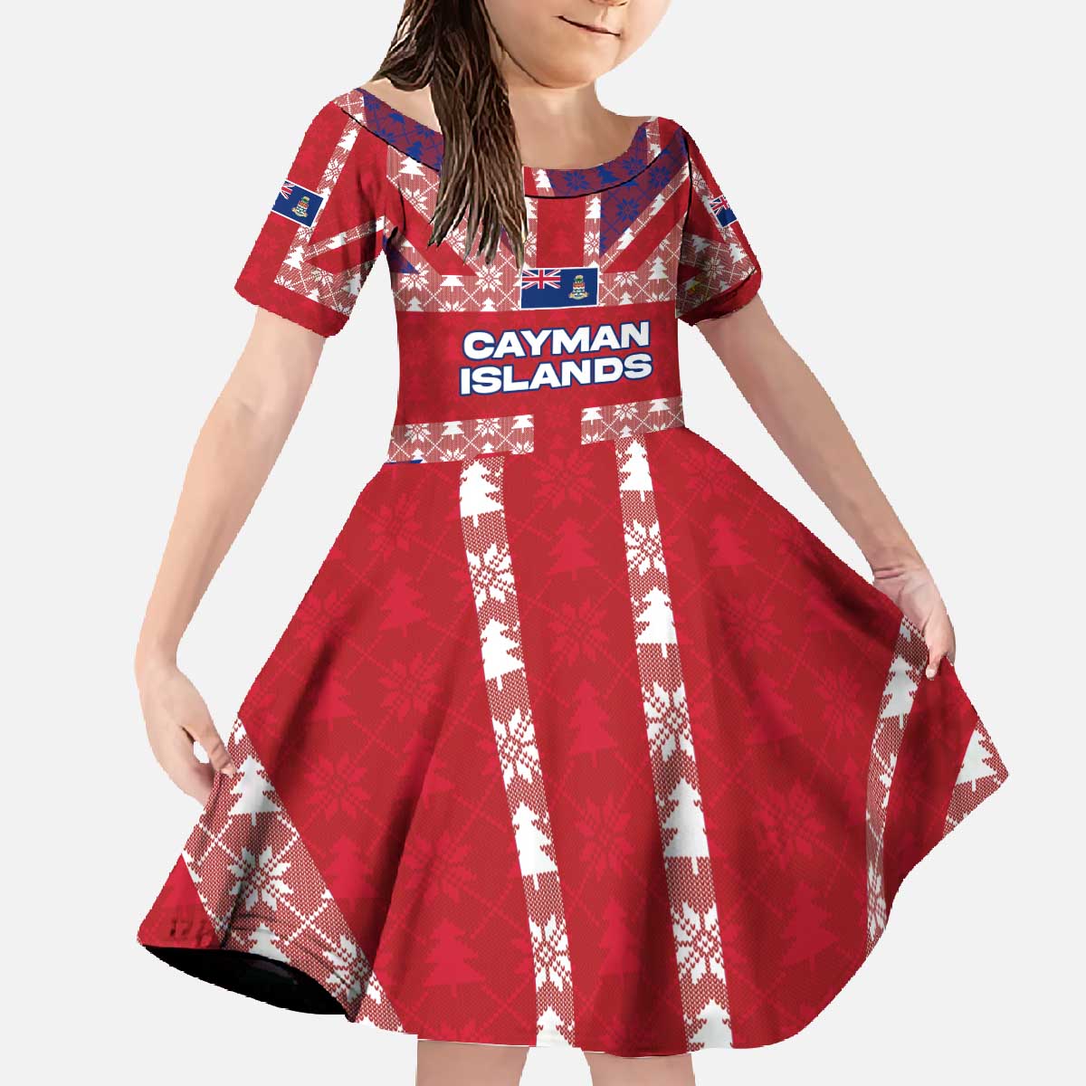 Cayman Islands Christmas Family Matching Off The Shoulder Long Sleeve Dress and Hawaiian Shirt Xmas Pattern and Coat of Arms - Wonder Print Shop