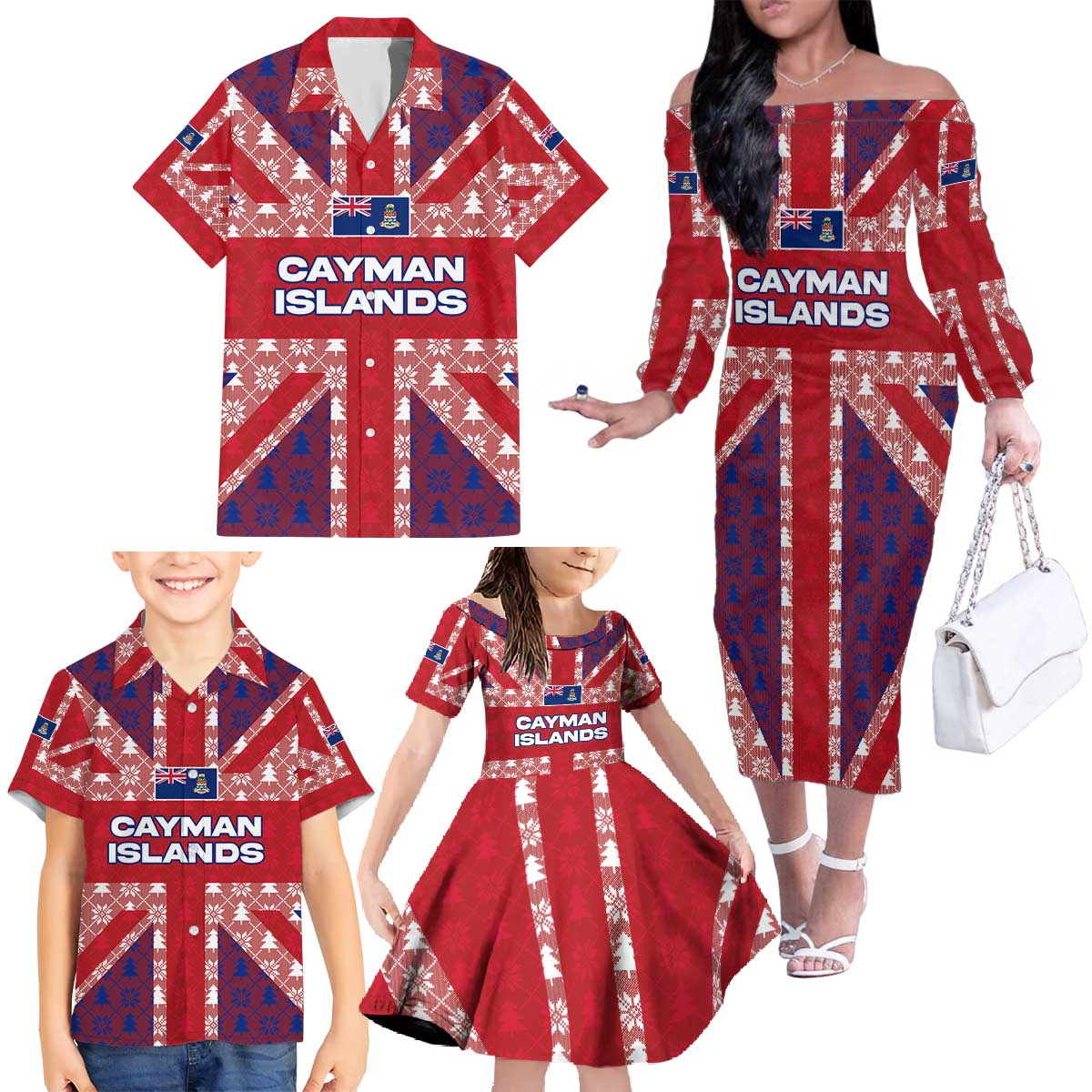 Cayman Islands Christmas Family Matching Off The Shoulder Long Sleeve Dress and Hawaiian Shirt Xmas Pattern and Coat of Arms - Wonder Print Shop