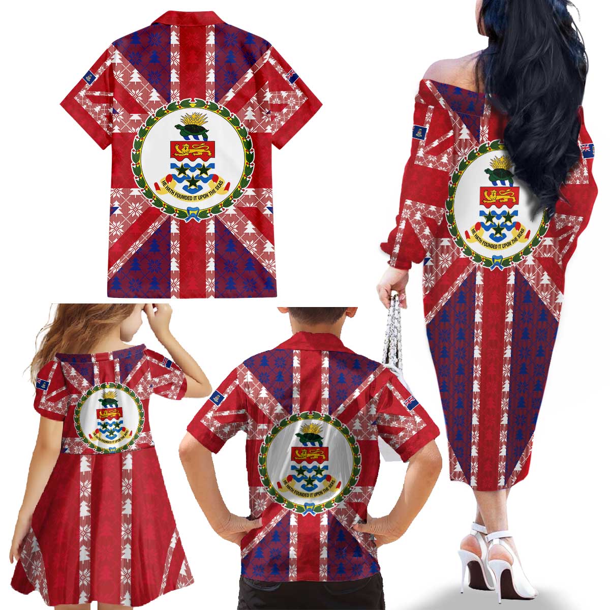 Cayman Islands Christmas Family Matching Off The Shoulder Long Sleeve Dress and Hawaiian Shirt Xmas Pattern and Coat of Arms - Wonder Print Shop