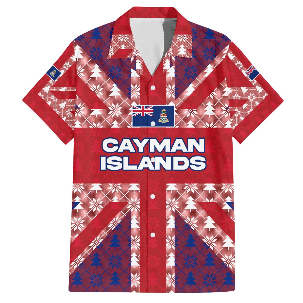 Cayman Islands Christmas Family Matching Off The Shoulder Long Sleeve Dress and Hawaiian Shirt Xmas Pattern and Coat of Arms - Wonder Print Shop