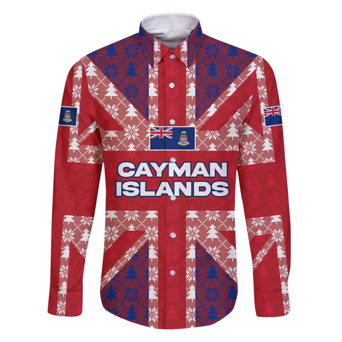 Cayman Islands Christmas Family Matching Off The Shoulder Long Sleeve Dress and Hawaiian Shirt Xmas Pattern and Coat of Arms - Wonder Print Shop
