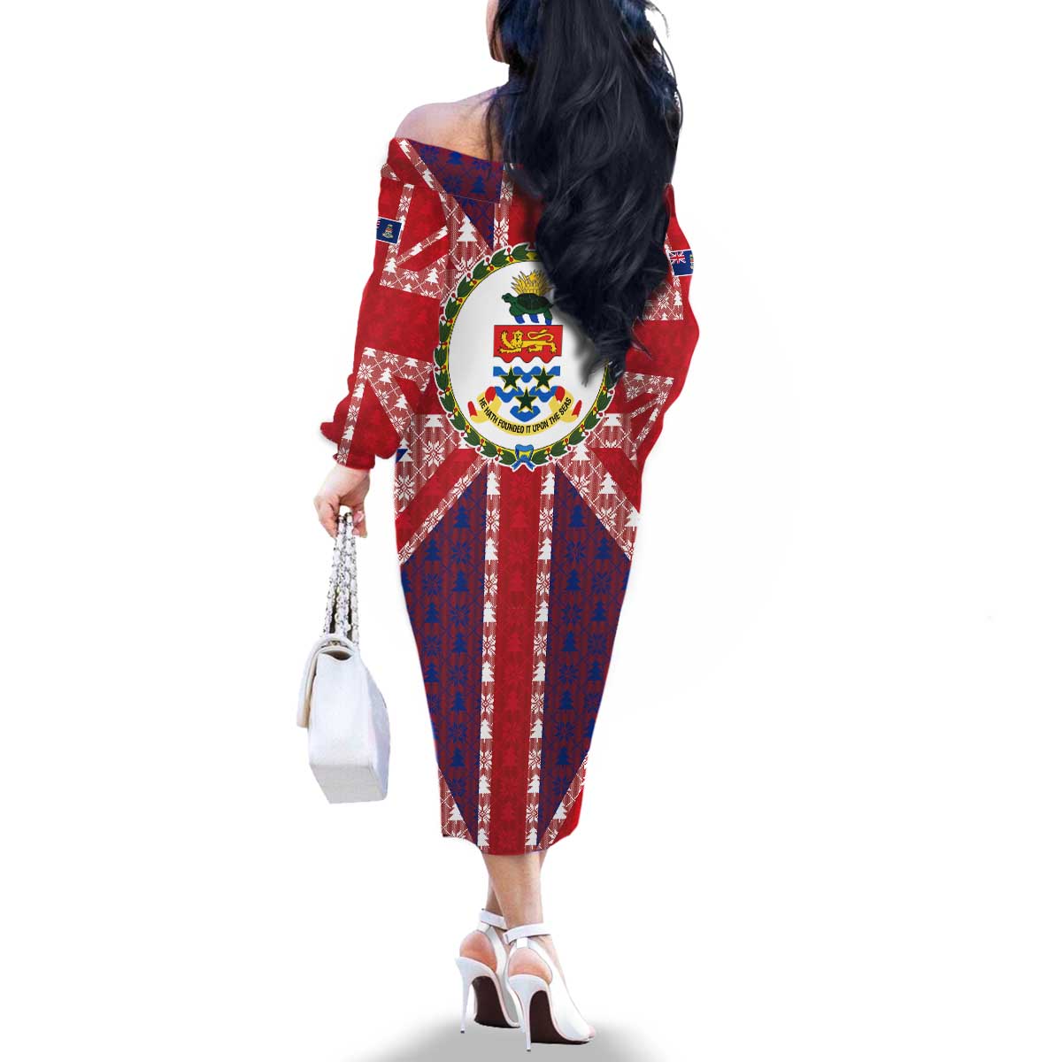 Cayman Islands Christmas Family Matching Off The Shoulder Long Sleeve Dress and Hawaiian Shirt Xmas Pattern and Coat of Arms - Wonder Print Shop