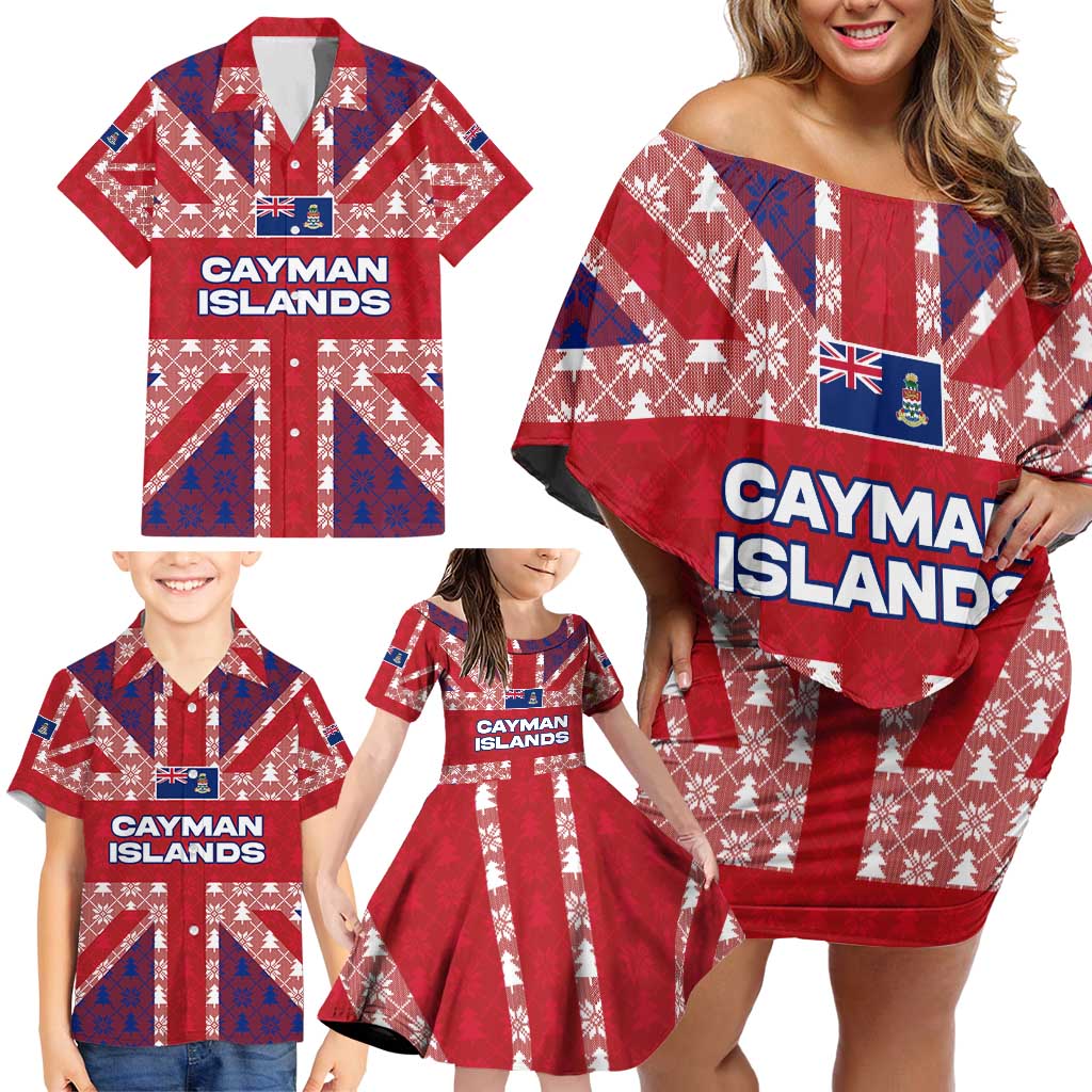 Cayman Islands Christmas Family Matching Off Shoulder Short Dress and Hawaiian Shirt Xmas Pattern and Coat of Arms - Wonder Print Shop