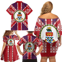 Cayman Islands Christmas Family Matching Off Shoulder Short Dress and Hawaiian Shirt Xmas Pattern and Coat of Arms - Wonder Print Shop