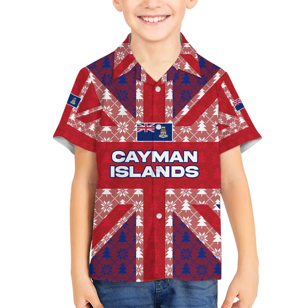 Cayman Islands Christmas Family Matching Off Shoulder Short Dress and Hawaiian Shirt Xmas Pattern and Coat of Arms - Wonder Print Shop