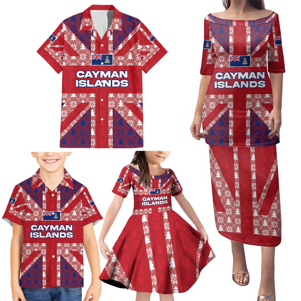 Cayman Islands Christmas Family Matching Puletasi and Hawaiian Shirt Xmas Pattern and Coat of Arms - Wonder Print Shop