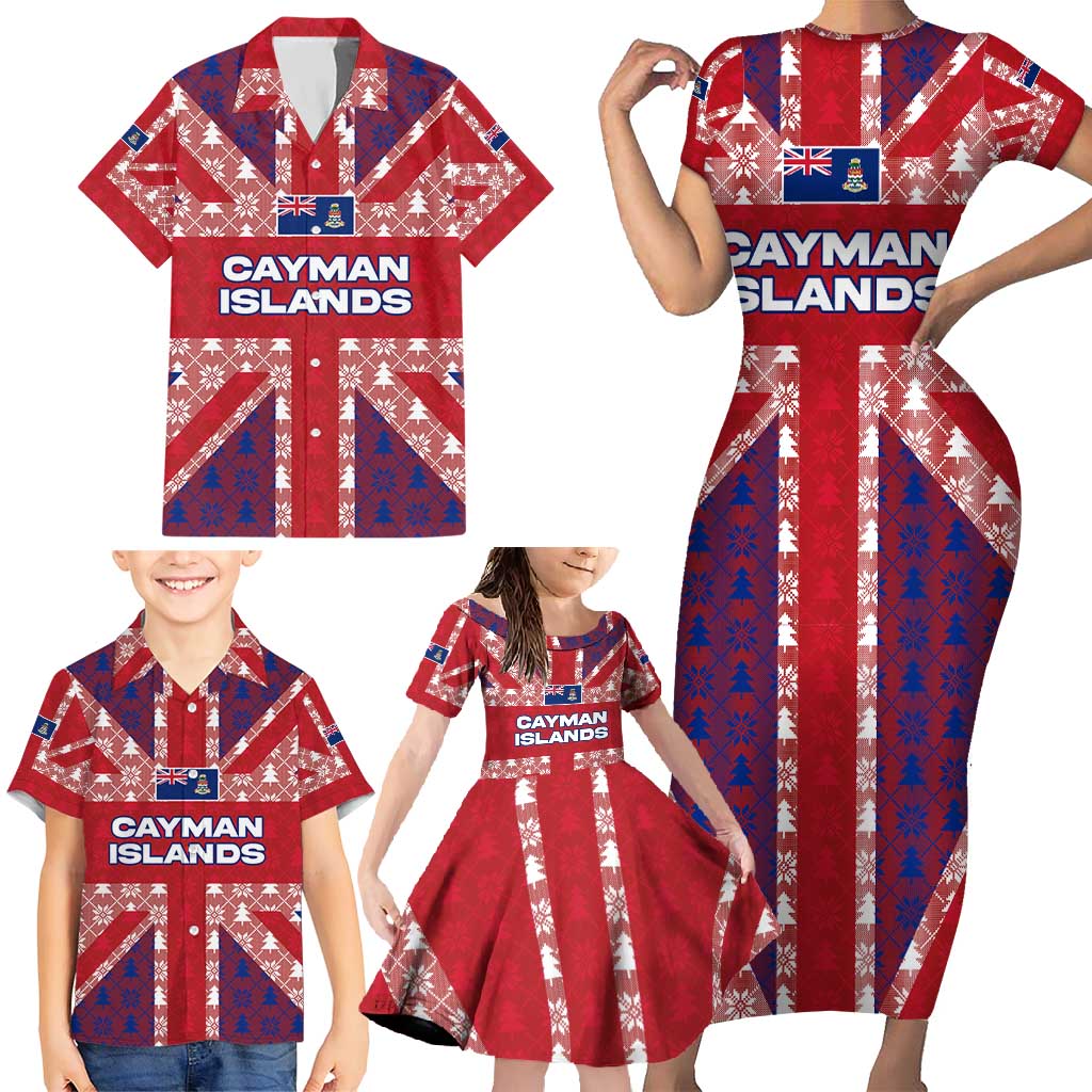 Cayman Islands Christmas Family Matching Short Sleeve Bodycon Dress and Hawaiian Shirt Xmas Pattern and Coat of Arms - Wonder Print Shop
