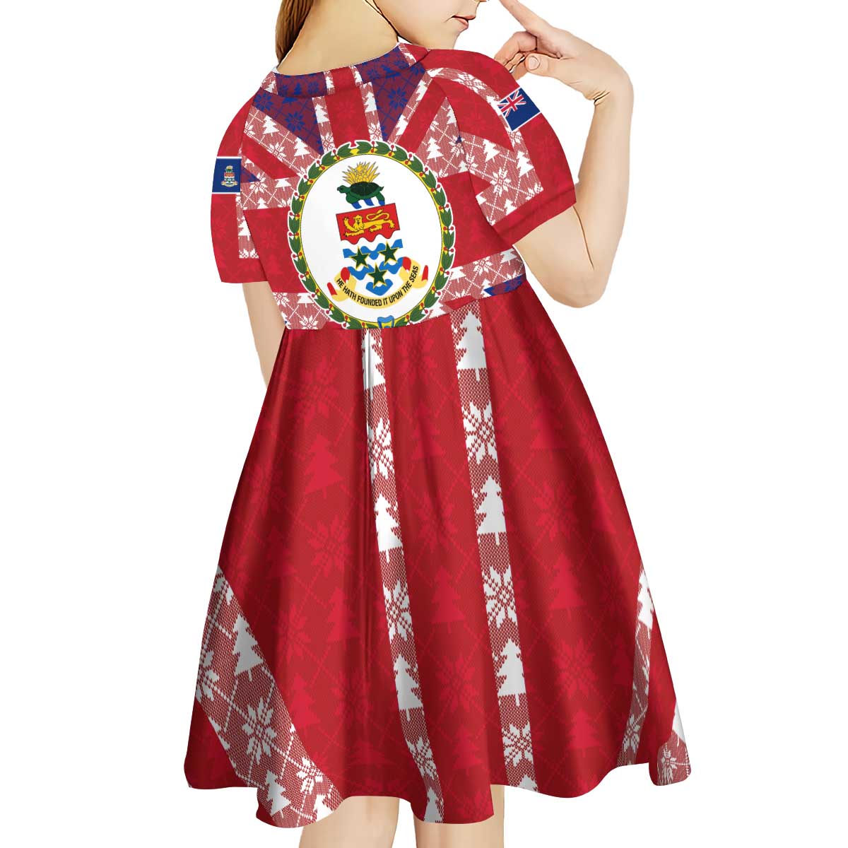 Cayman Islands Christmas Kid Short Sleeve Dress Xmas Pattern and Coat of Arms - Wonder Print Shop