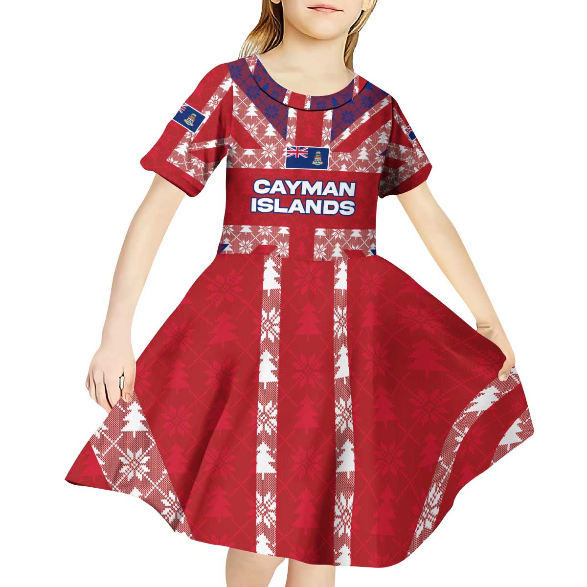 Cayman Islands Christmas Kid Short Sleeve Dress Xmas Pattern and Coat of Arms - Wonder Print Shop