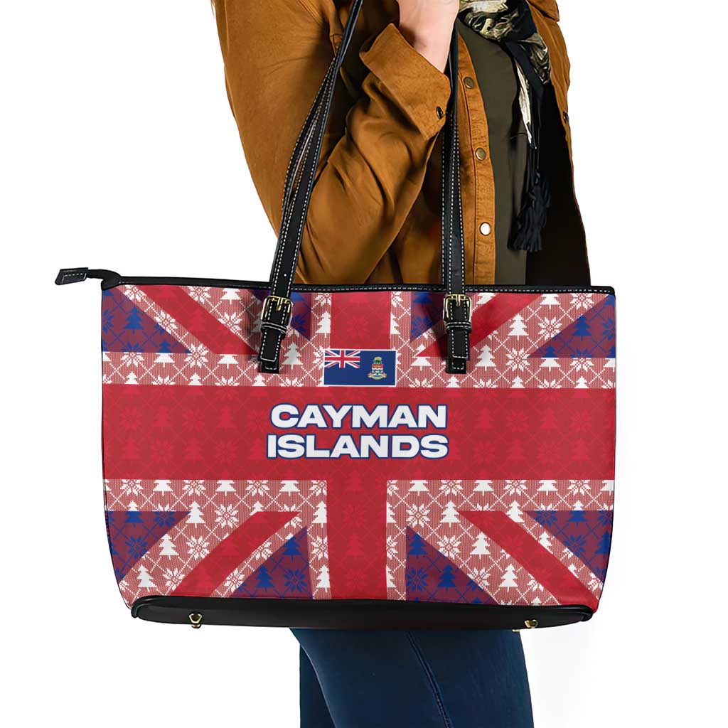 Cayman Islands Christmas Leather Tote Bag Xmas Pattern and Coat of Arms - Wonder Print Shop