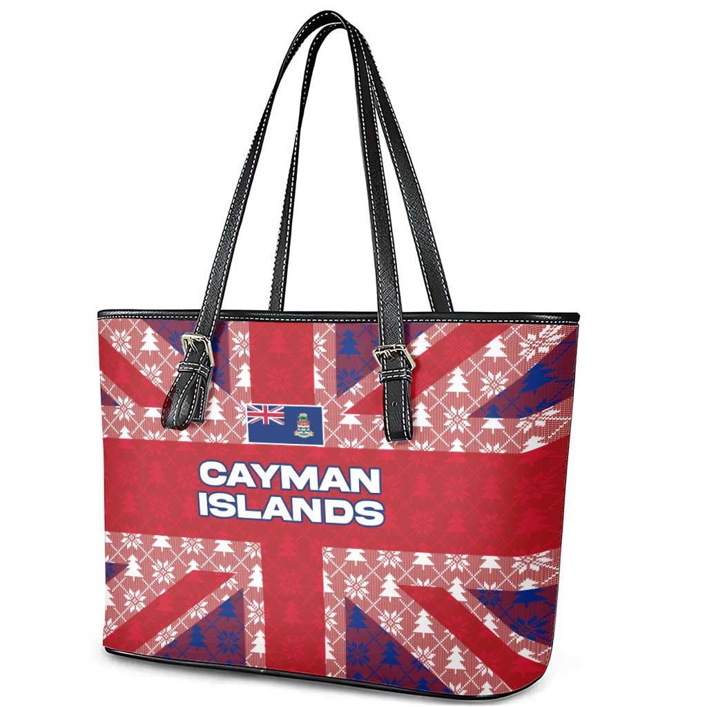 Cayman Islands Christmas Leather Tote Bag Xmas Pattern and Coat of Arms - Wonder Print Shop