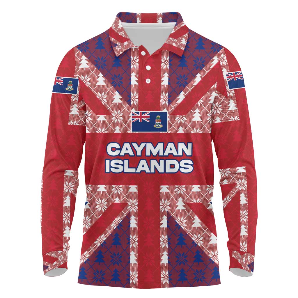 Cayman Islands Christmas Long Sleeve Polo Shirt Xmas Pattern and Coat of Arms - Wonder Print Shop