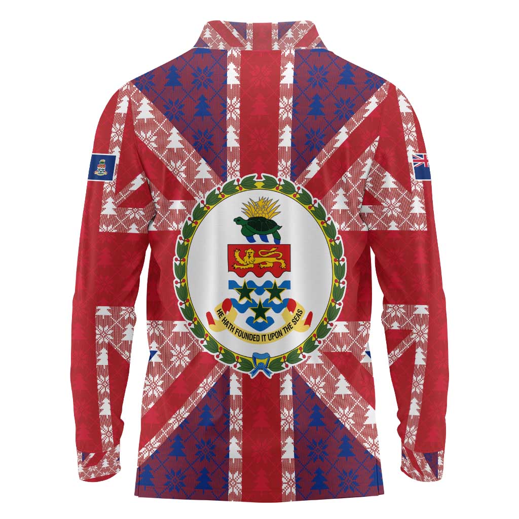 Cayman Islands Christmas Long Sleeve Polo Shirt Xmas Pattern and Coat of Arms - Wonder Print Shop