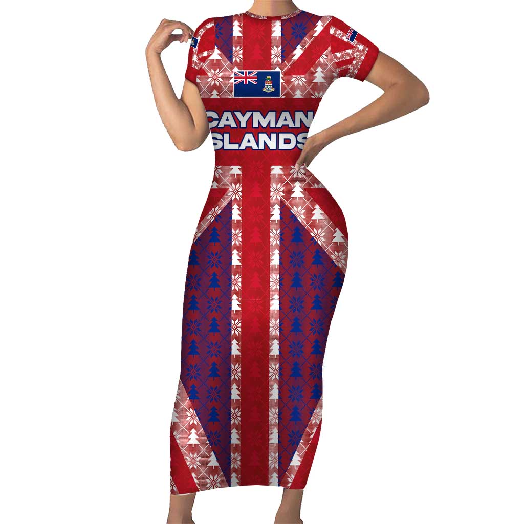 Cayman Islands Christmas Short Sleeve Bodycon Dress Xmas Pattern and Coat of Arms - Wonder Print Shop