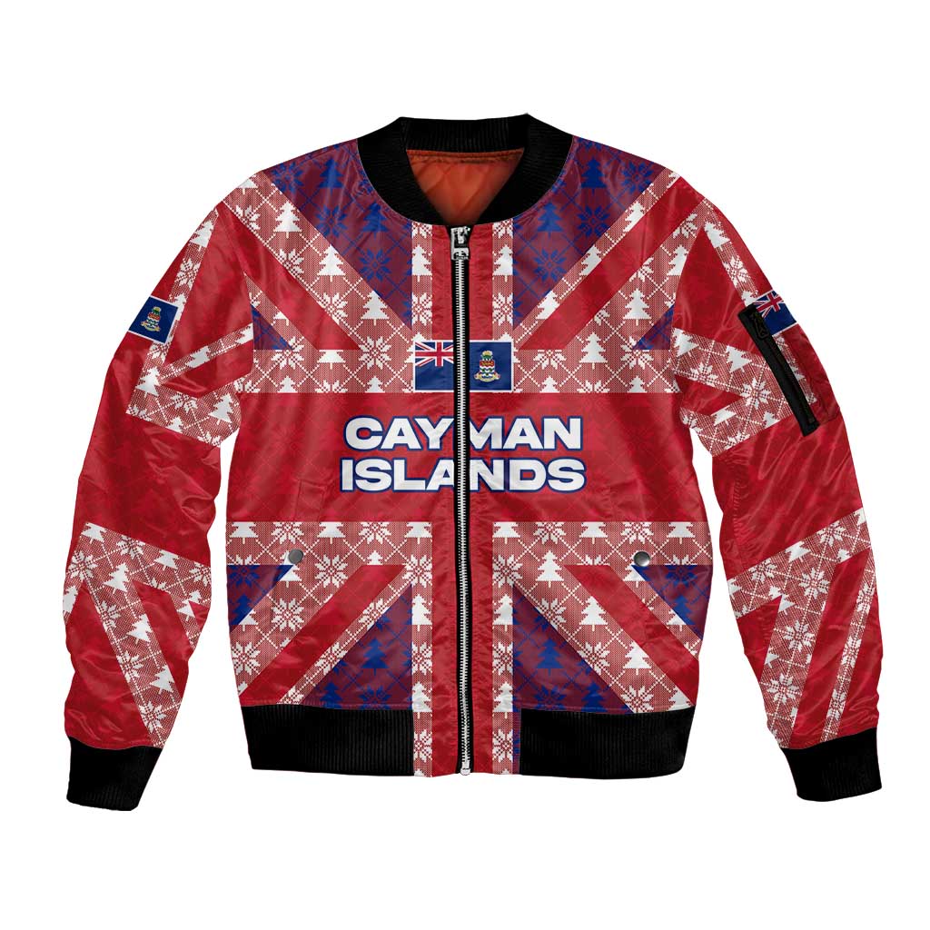 Cayman Islands Christmas Sleeve Zip Bomber Jacket Xmas Pattern and Coat of Arms - Wonder Print Shop