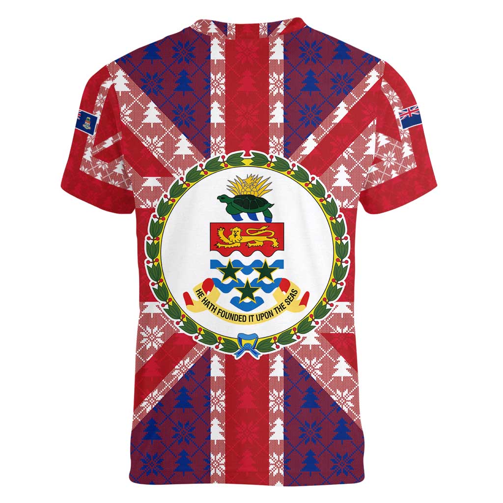 Cayman Islands Christmas Women V-Neck T-Shirt Xmas Pattern and Coat of Arms - Wonder Print Shop