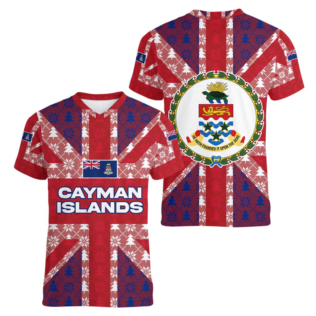 Cayman Islands Christmas Women V-Neck T-Shirt Xmas Pattern and Coat of Arms - Wonder Print Shop