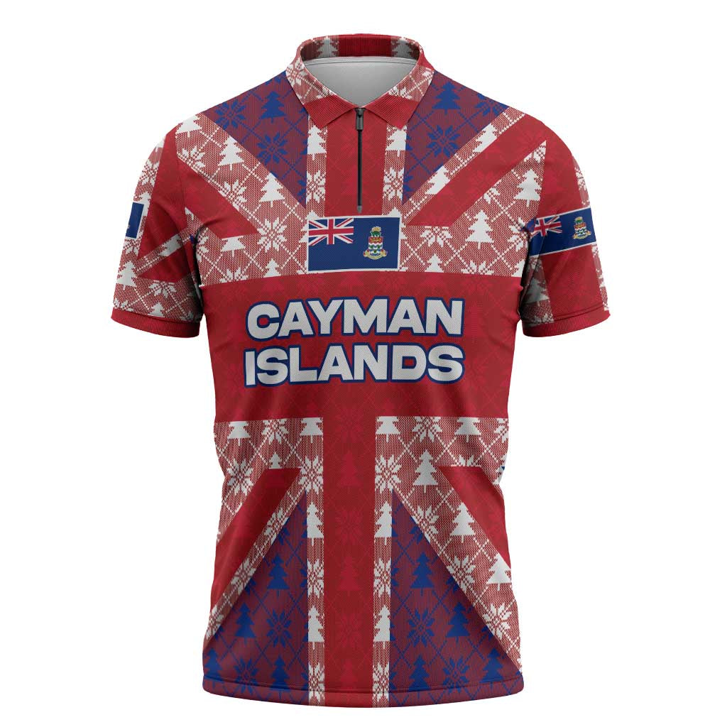 Cayman Islands Christmas Zipper Polo Shirt Xmas Pattern and Coat of Arms - Wonder Print Shop