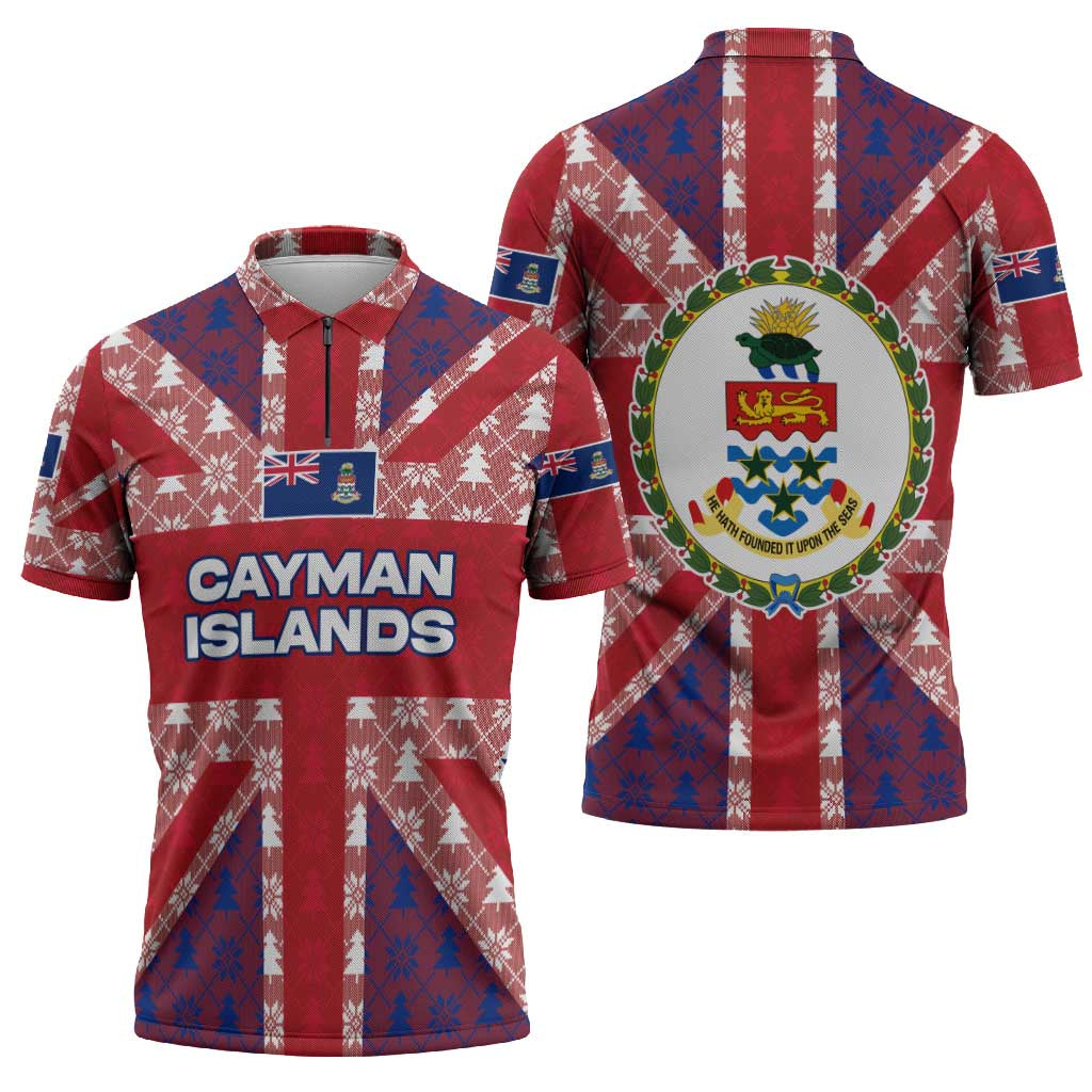 Cayman Islands Christmas Zipper Polo Shirt Xmas Pattern and Coat of Arms - Wonder Print Shop