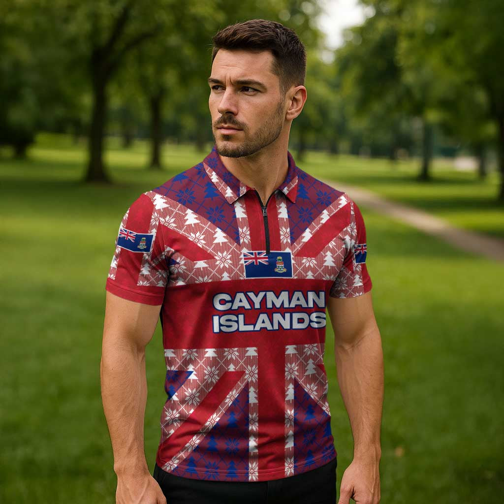 Cayman Islands Christmas Zipper Polo Shirt Xmas Pattern and Coat of Arms - Wonder Print Shop