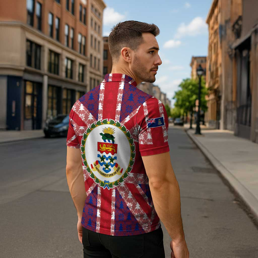 Cayman Islands Christmas Zipper Polo Shirt Xmas Pattern and Coat of Arms - Wonder Print Shop