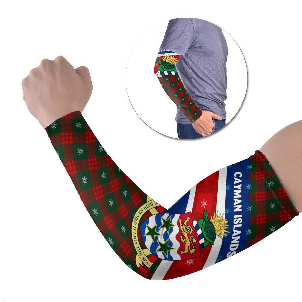 Cayman Islands Xmas Arm Sleeves Christmas Plaid Turtle and Coat of Arms Red Green Blue - Wonder Print Shop