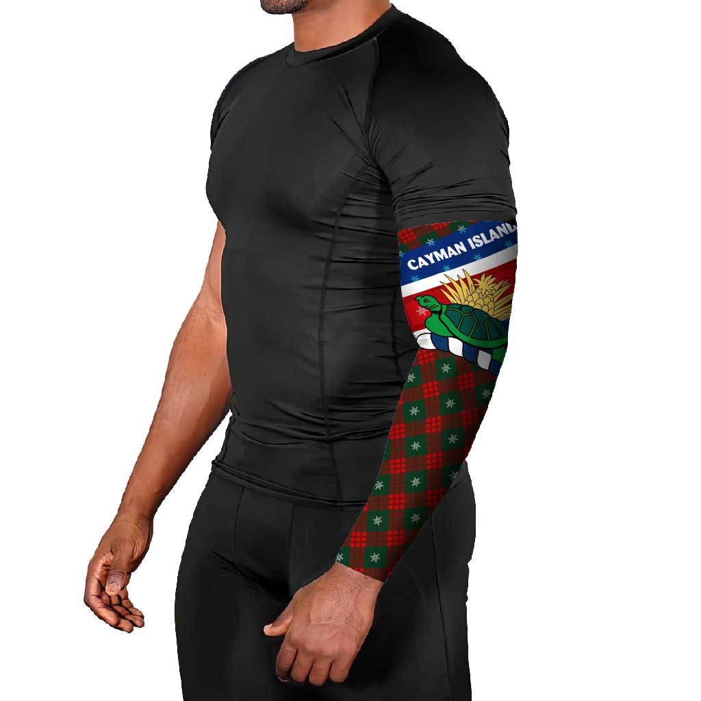 Cayman Islands Xmas Arm Sleeves Christmas Plaid Turtle and Coat of Arms Red Green Blue - Wonder Print Shop