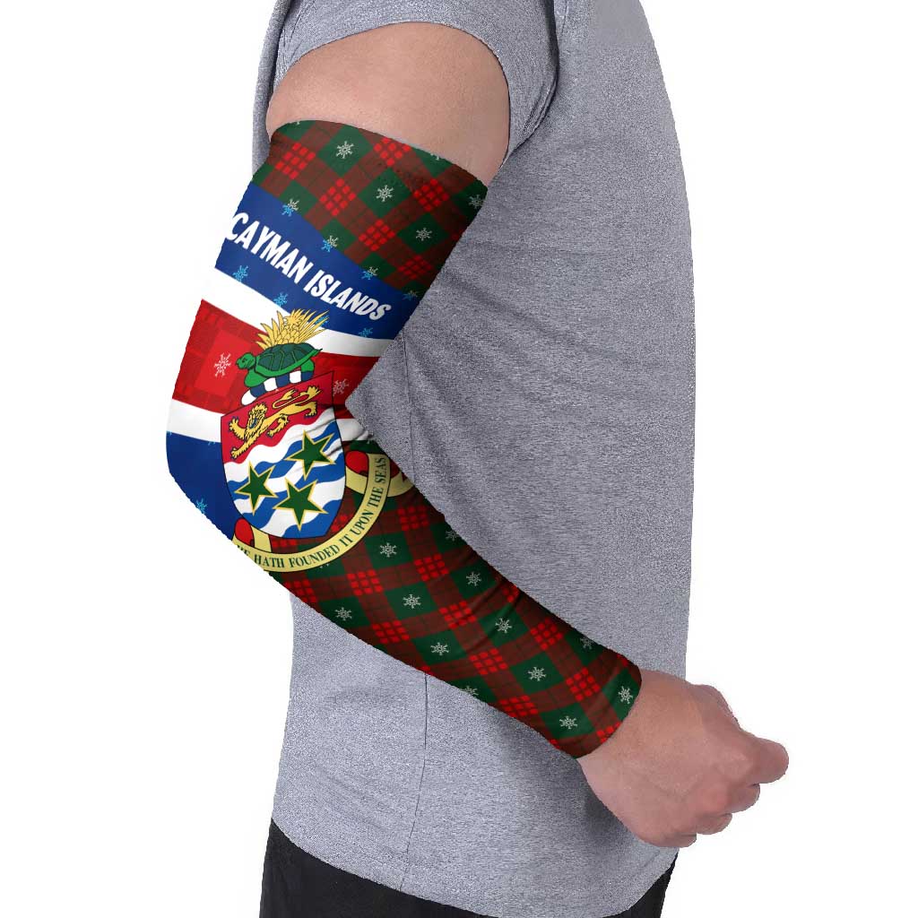 Cayman Islands Xmas Arm Sleeves Christmas Plaid Turtle and Coat of Arms Red Green Blue - Wonder Print Shop
