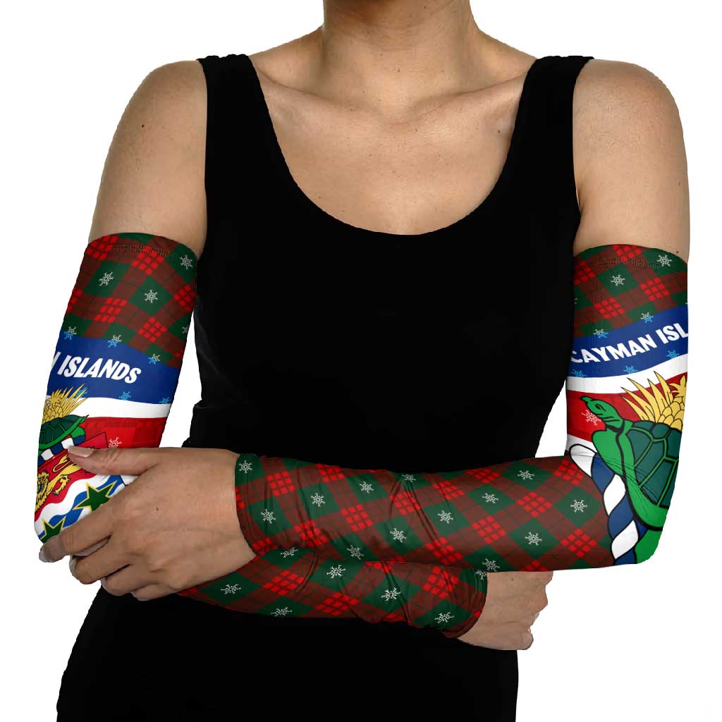 Cayman Islands Xmas Arm Sleeves Christmas Plaid Turtle and Coat of Arms Red Green Blue - Wonder Print Shop