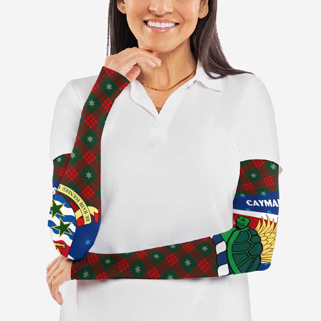 Cayman Islands Xmas Arm Sleeves Christmas Plaid Turtle and Coat of Arms Red Green Blue - Wonder Print Shop