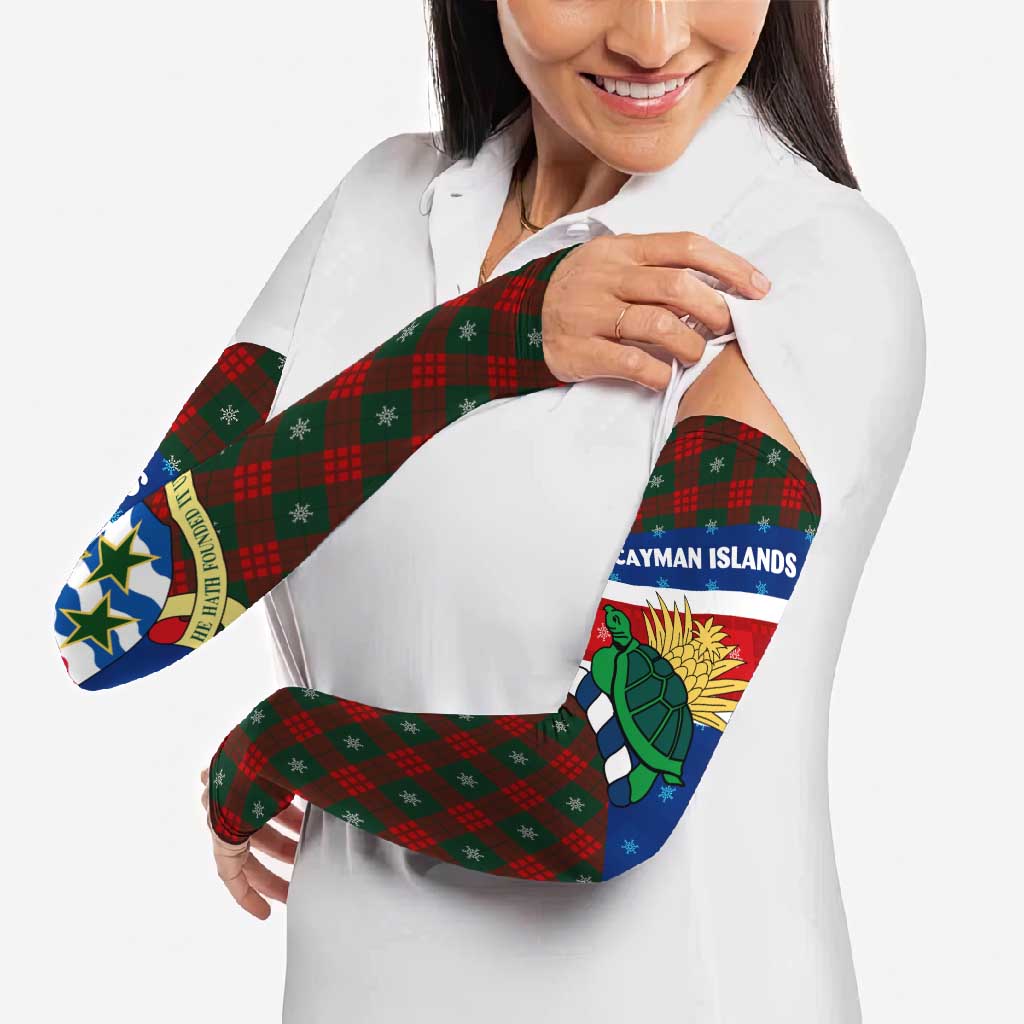 Cayman Islands Xmas Arm Sleeves Christmas Plaid Turtle and Coat of Arms Red Green Blue - Wonder Print Shop