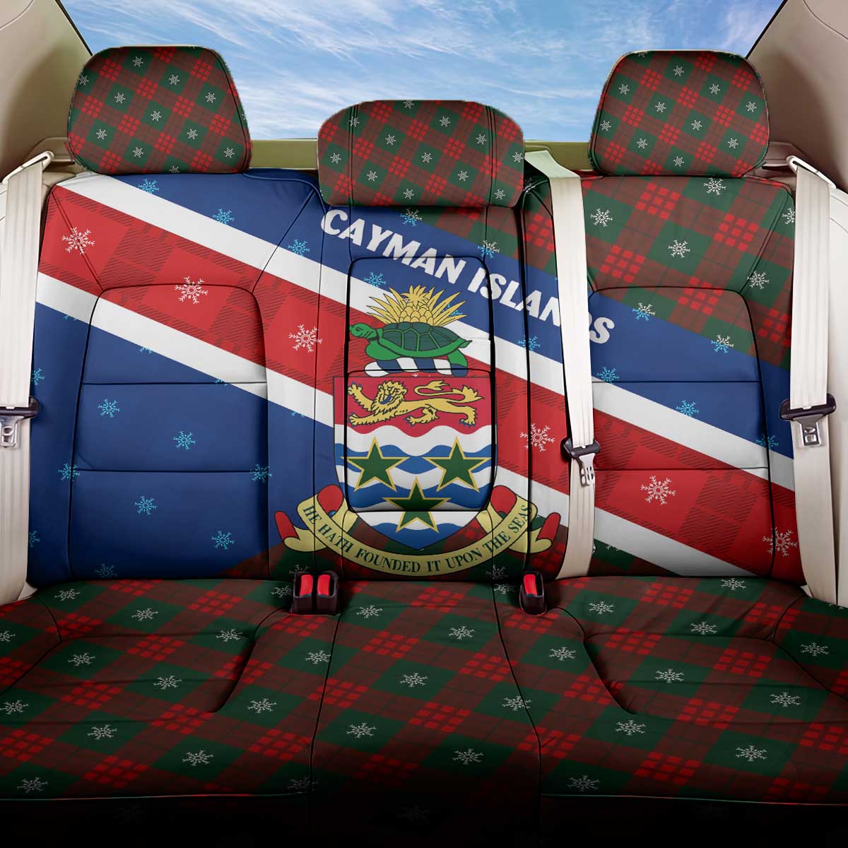 Cayman Islands Xmas Back Car Seat Cover Christmas Plaid Turtle and Coat of Arms Red Green Blue - Wonder Print Shop