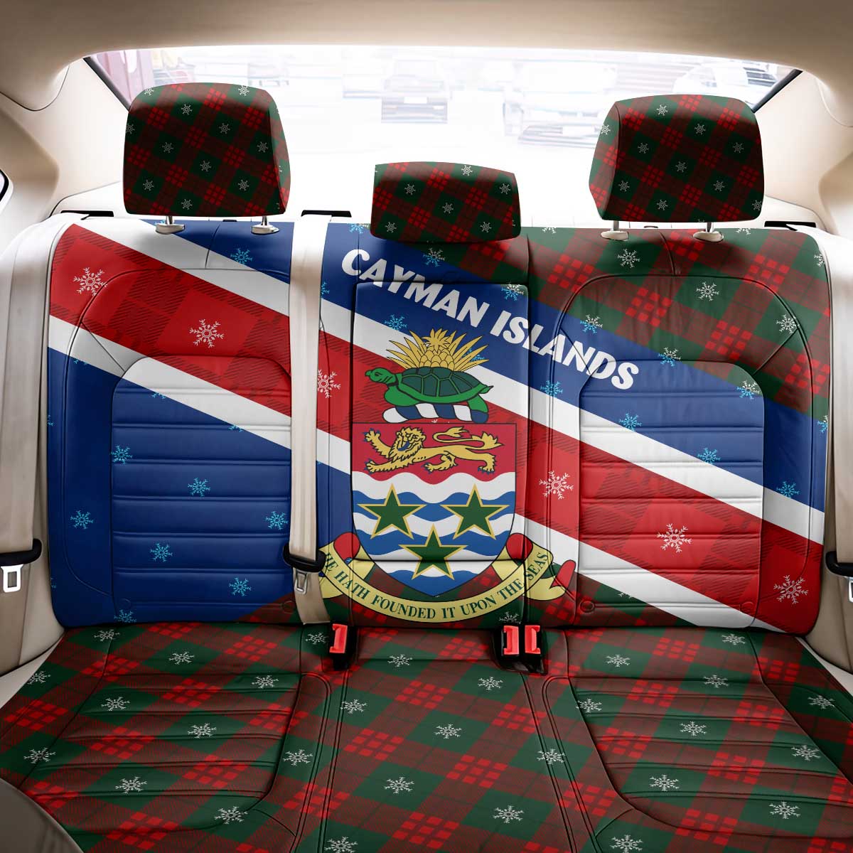 Cayman Islands Xmas Back Car Seat Cover Christmas Plaid Turtle and Coat of Arms Red Green Blue - Wonder Print Shop