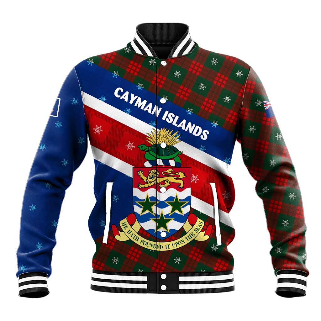 Cayman Islands Xmas Baseball Jacket Christmas Plaid Turtle and Coat of Arms Red Green Blue - Wonder Print Shop