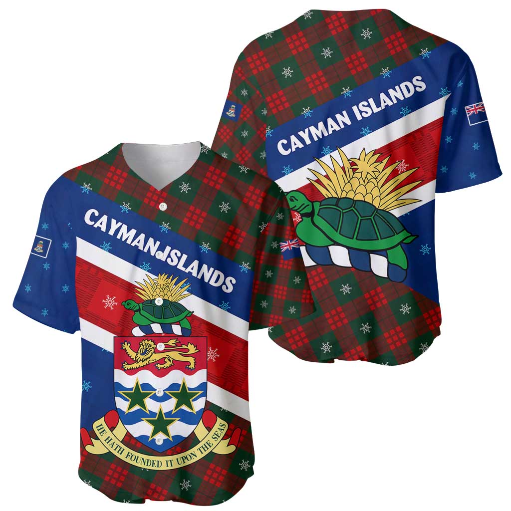 Cayman Islands Xmas Baseball Jersey Christmas Plaid Turtle and Coat of Arms Red Green Blue - Wonder Print Shop