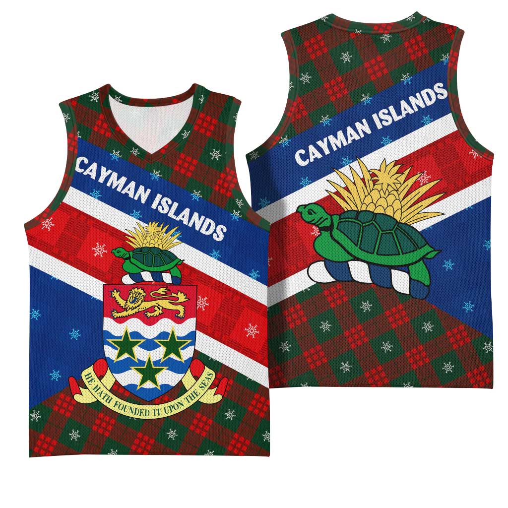 Cayman Islands Xmas Basketball Jersey Christmas Plaid Turtle and Coat of Arms Red Green Blue - Wonder Print Shop