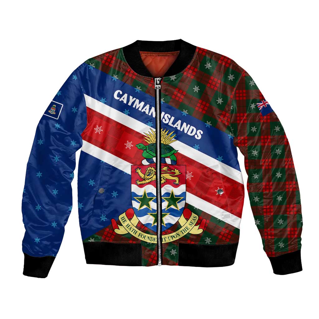 Cayman Islands Xmas Bomber Jacket Christmas Plaid Turtle and Coat of Arms Red Green Blue - Wonder Print Shop