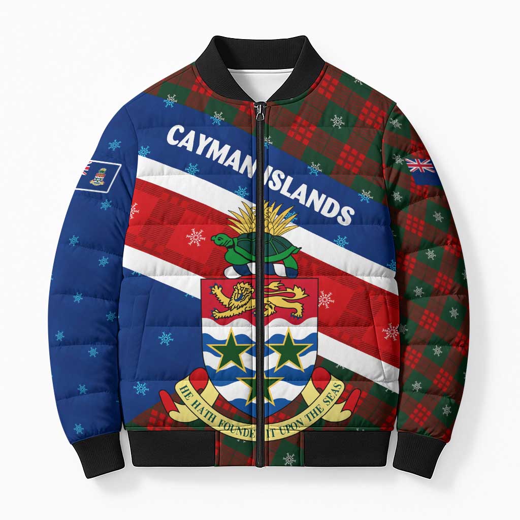 Cayman Islands Xmas Bomber Puffer Jacket Christmas Plaid Turtle and Coat of Arms Red Green Blue - Wonder Print Shop