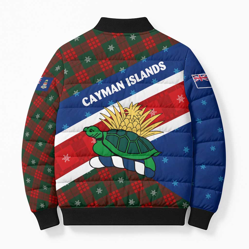 Cayman Islands Xmas Bomber Puffer Jacket Christmas Plaid Turtle and Coat of Arms Red Green Blue - Wonder Print Shop