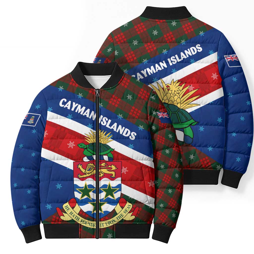Cayman Islands Xmas Bomber Puffer Jacket Christmas Plaid Turtle and Coat of Arms Red Green Blue - Wonder Print Shop