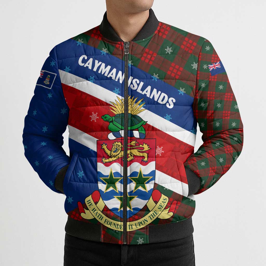 Cayman Islands Xmas Bomber Puffer Jacket Christmas Plaid Turtle and Coat of Arms Red Green Blue - Wonder Print Shop